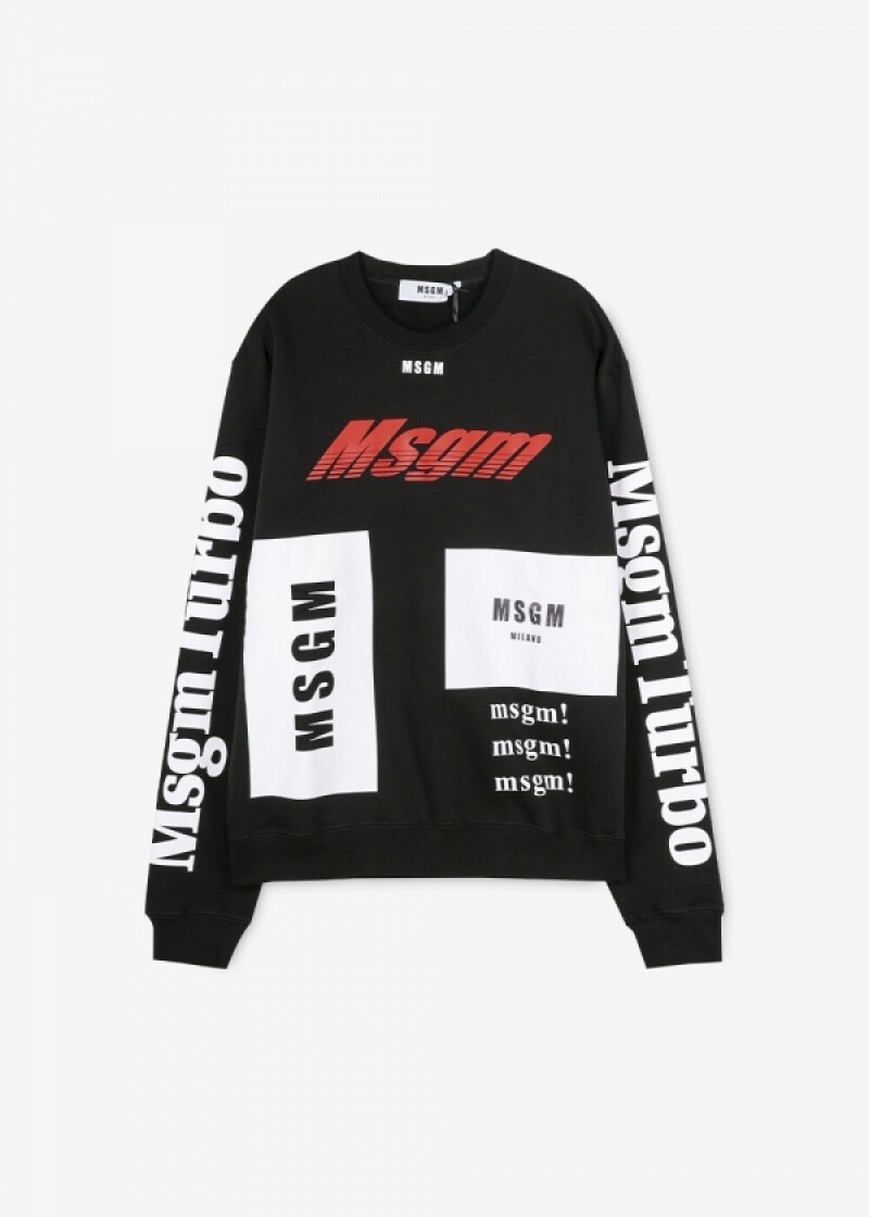 MSGM 남성 멀티 로고 프린팅 블랙 맨투맨 2740MM71 195799 99