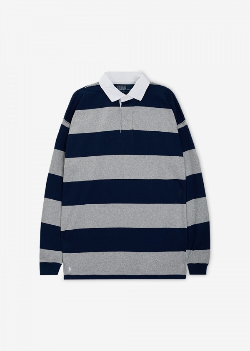 폴로랄프로렌 남성 빅핏 스트라이프 럭비 카라 블루/그레이 긴팔티 710965471 002